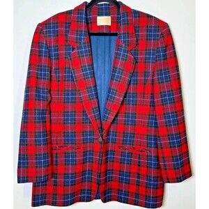 Vintage Pendleton Wool Blazer Womens 16 Red Tartan Plaid USA Made Preppy Holiday